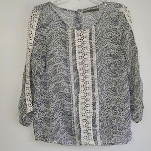 Sfera Casual  sheer blouse blue pattern with lace accent  Sz S